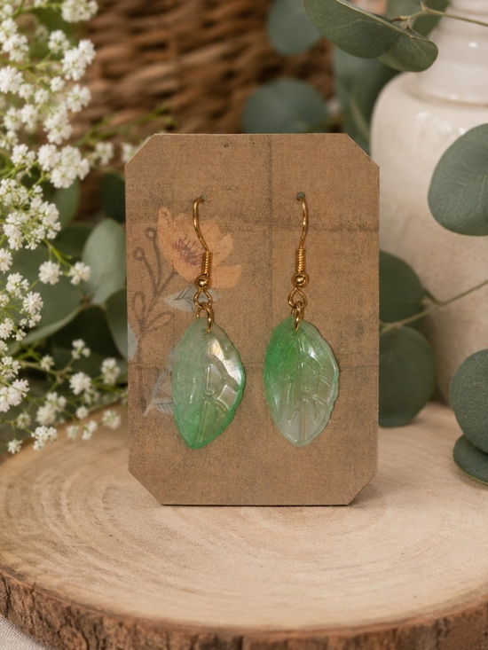 Artisan Jewelry - Vintage Handcrafted Carved Jade Leaf Dangle Earrings Gold Hooks Boho Jewelry